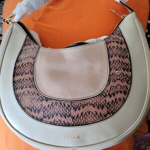 Furla Snakeskin Embossed Trim Leather Hobo Bag NWT